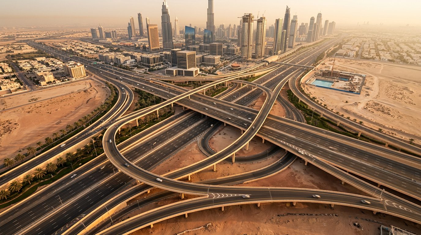 Aerial view of a Dubai highway interchange at golden hour